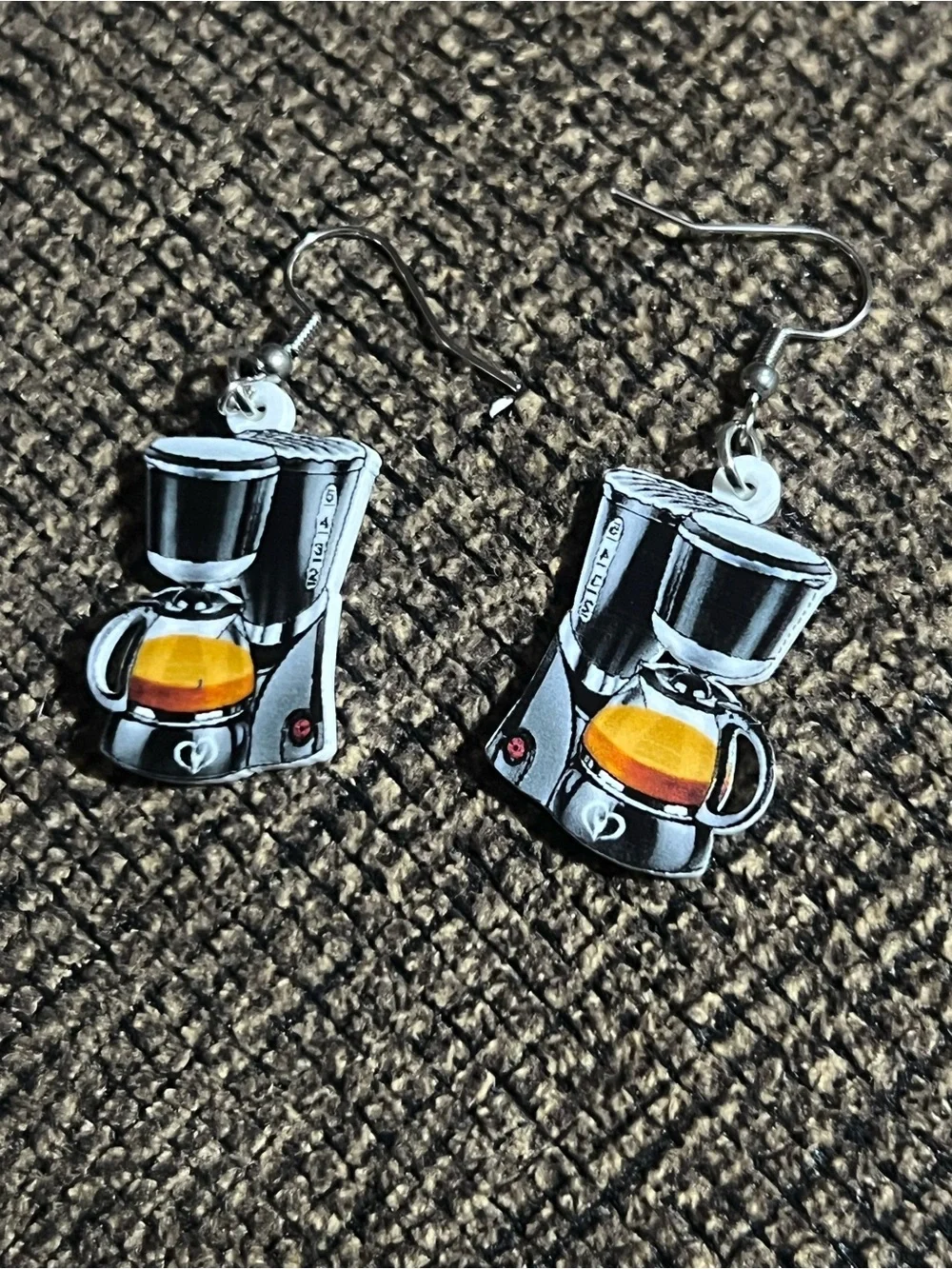 Coffee Maker Dangle Earrings - Black, Silver & Amber E108